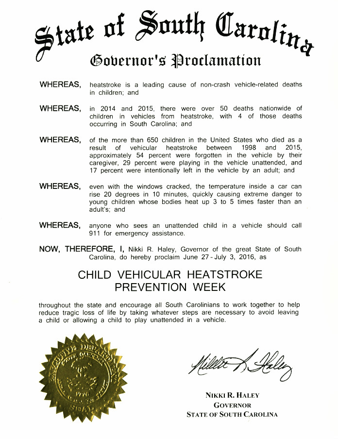 2016 Child Vehicular Heatstroke Prevention Week Proclamation