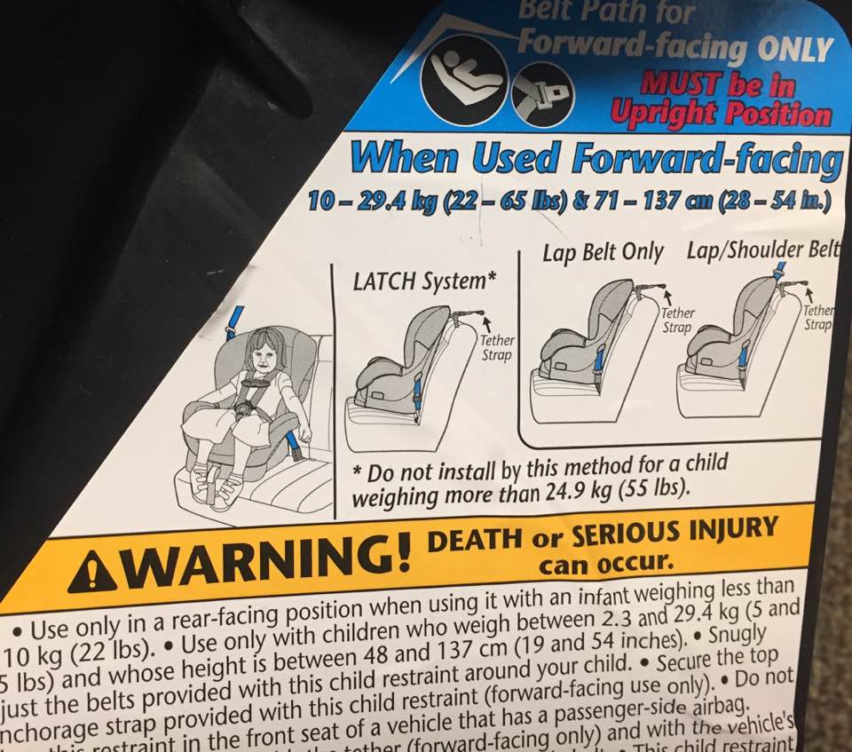 Forward-facing child car seat label