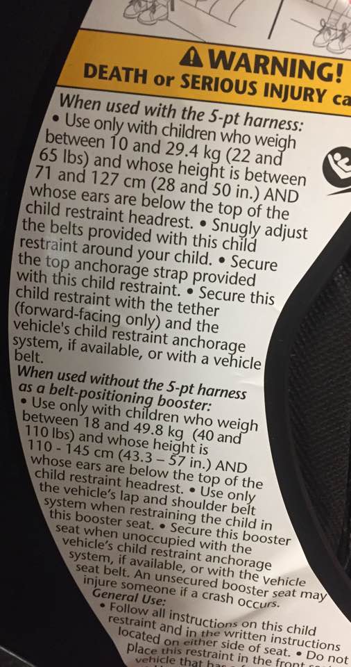 Convertible Car Seat Label Showing Booster Seat Instructions