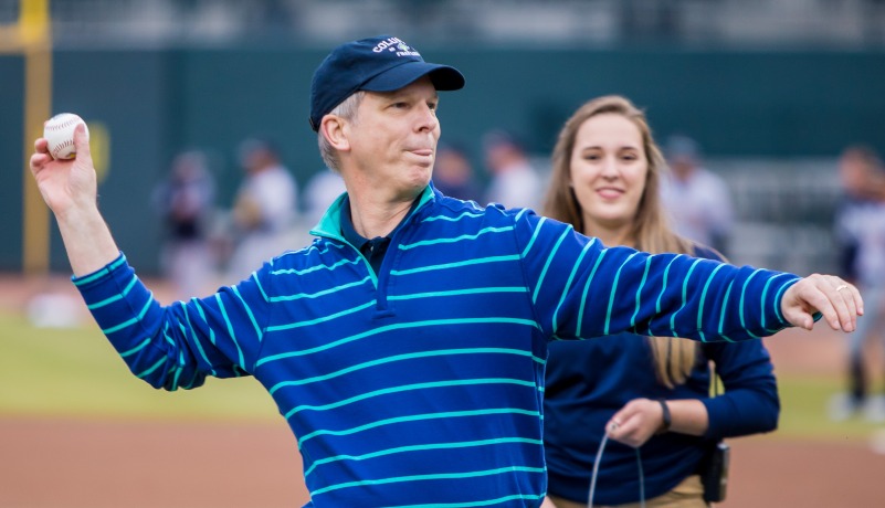 Steven Moon throws out first pitch