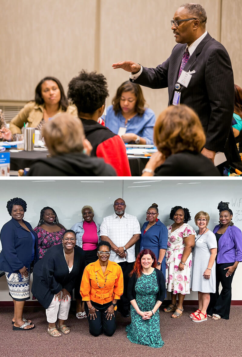 A collage of a presenter during an adverse childhood experiences training and a group photo of those who have been trained as adverse childhood experience trainers.