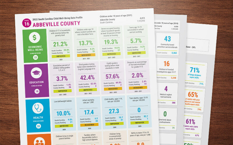 County data profiles fanned across dark wood table.