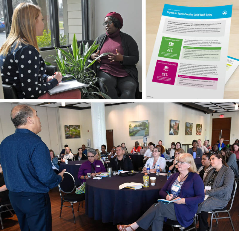 Photo collage of Children's Trust talking with partners, our data and a conference session.