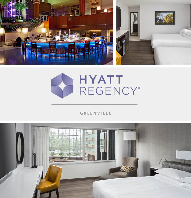 Photo collage of Hyatt Regency Greenville rooms and bar.