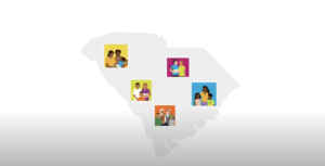 Screenshot of Triple P video showing an illustration od South Carolina with illustrated families inside