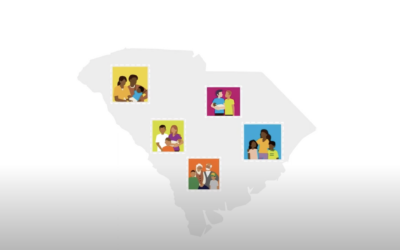 Screenshot of Triple P video showing an illustration od South Carolina with illustrated families inside